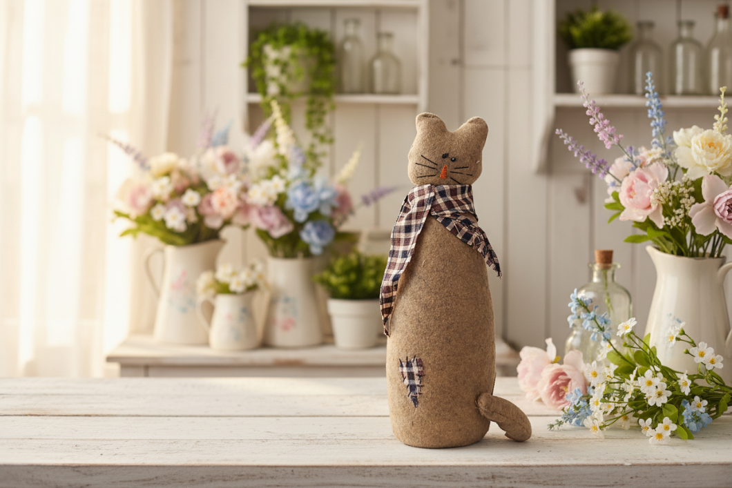 Primitive Country 12" Fabric Cat with Scarf and Appliqué Heart - The Primitive Pineapple Collection