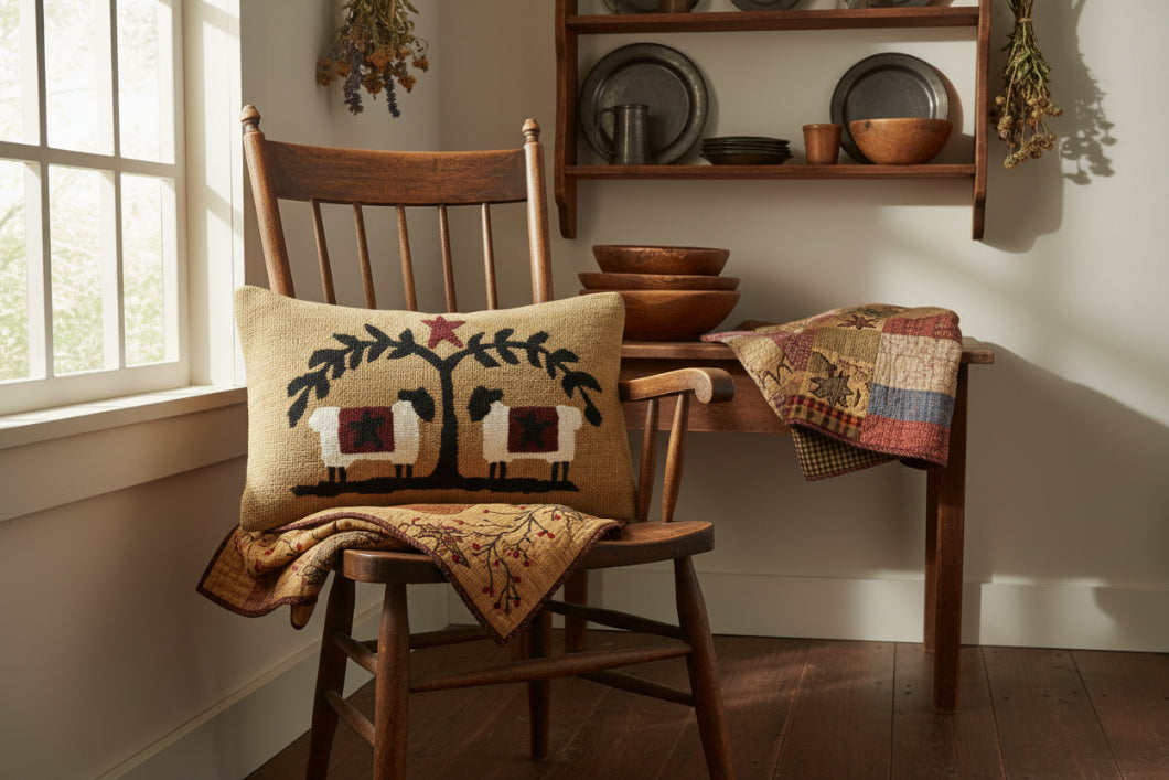 Primitive/Country Heritage Farms Sheep and Star Hooked Pillow 14x22 - The Primitive Pineapple Collection