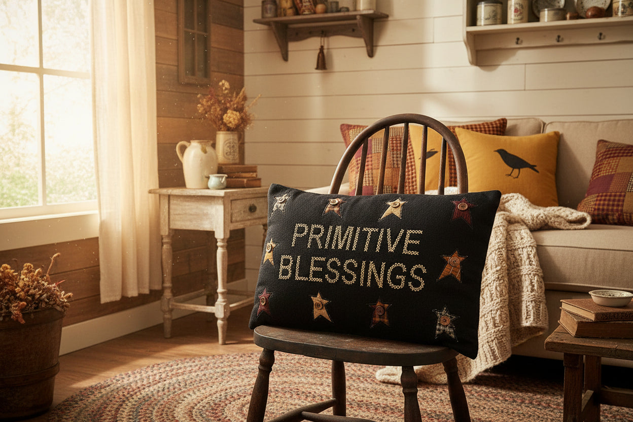 Primitive/Farmhouse 22"x14" Blessings Pillow Black Appliqued Felt - The Primitive Pineapple Collection