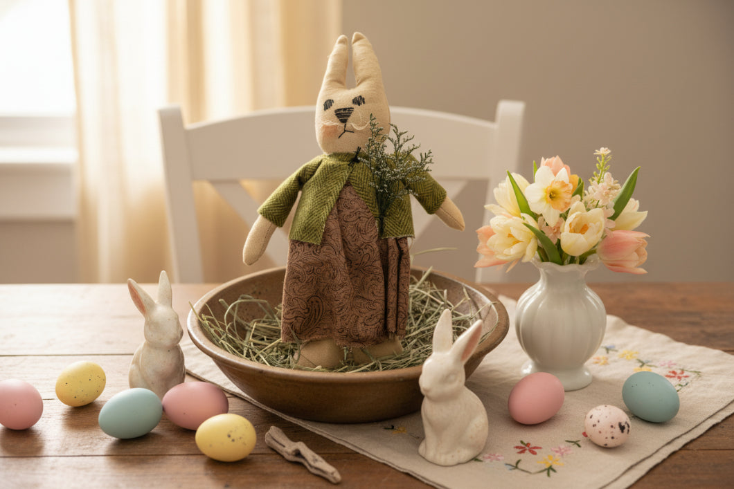 Primitive Handmade Spring Maisy Bunny w/ Wool Coat Sweet Annie Farmhouse - The Primitive Pineapple Collection
