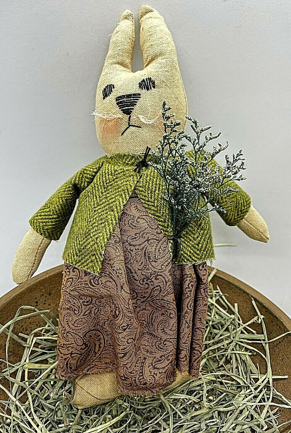Primitive Handmade Spring Maisy Bunny w/ Wool Coat Sweet Annie Farmhouse - The Primitive Pineapple Collection