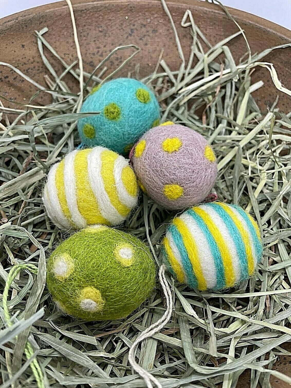 Primitive Folk Art Handmade Felted Wool Pastel Easter Egg Ornaments 5 pc - The Primitive Pineapple Collection