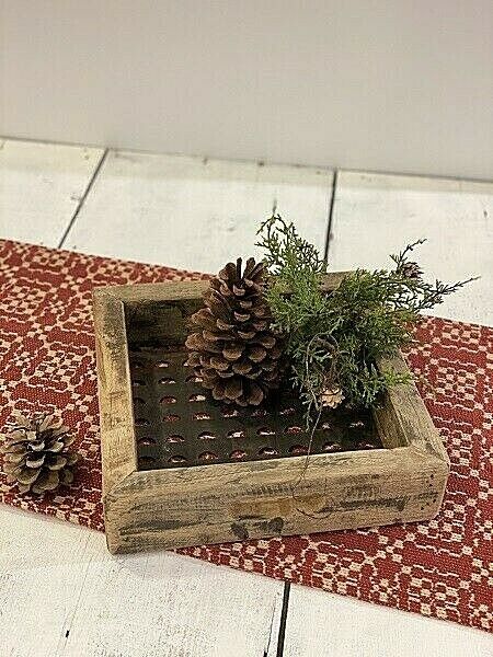 Primitive Farmhouse Rustic Wooden Tray w/ Metal Cut Out Bottom 11"x 11" - The Primitive Pineapple Collection