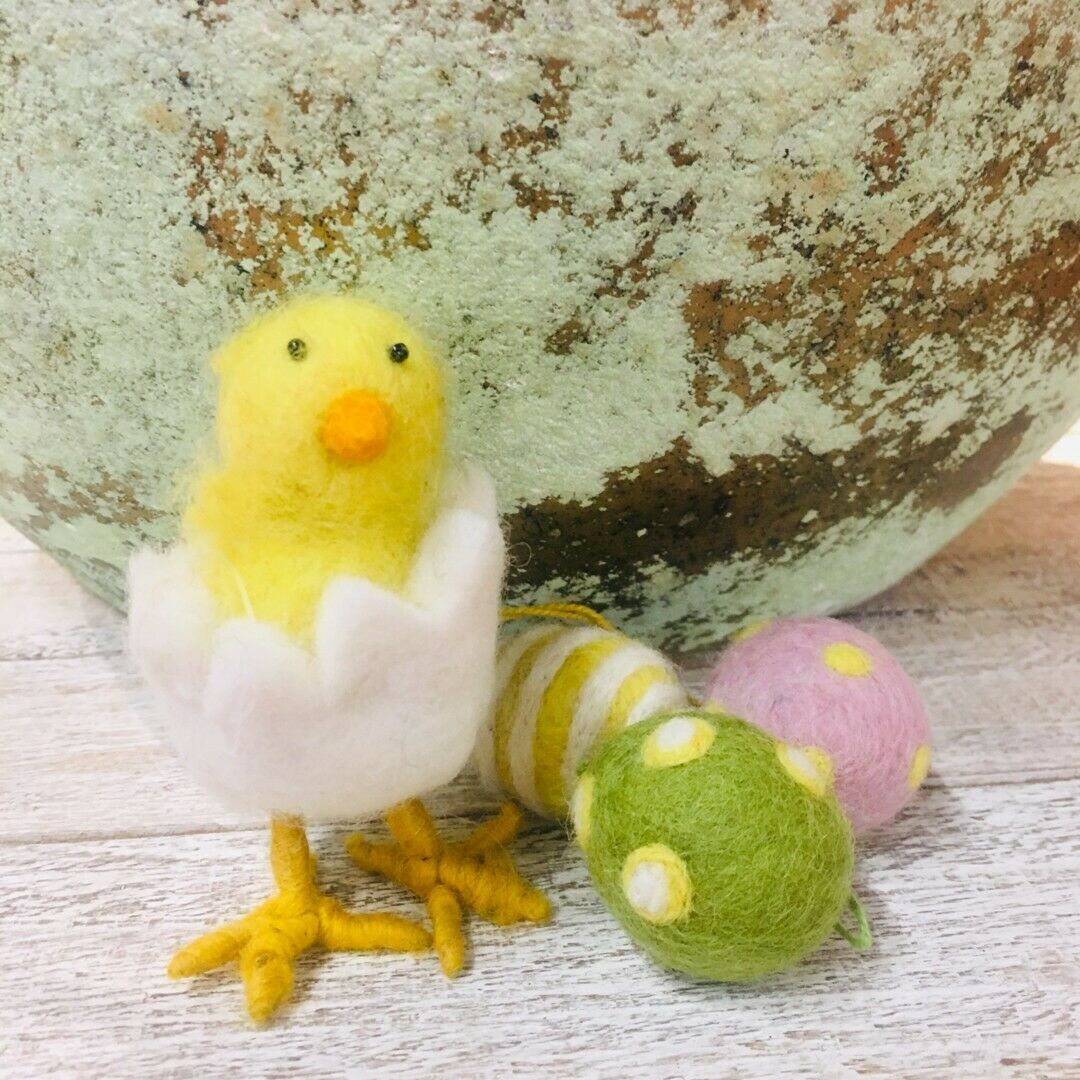 Primitive Folk Art Handmade Felted Chick in Egg Figurine 3.5" x 2" - The Primitive Pineapple Collection