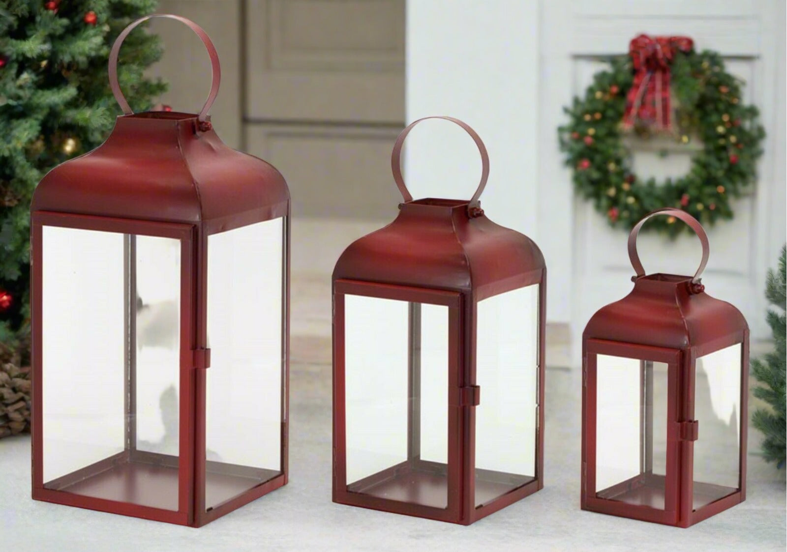 Primitive Farmhouse 3 pc Rustic Red Lanterns (Set of 3) 10"-16"H Metal/Glass - The Primitive Pineapple Collection
