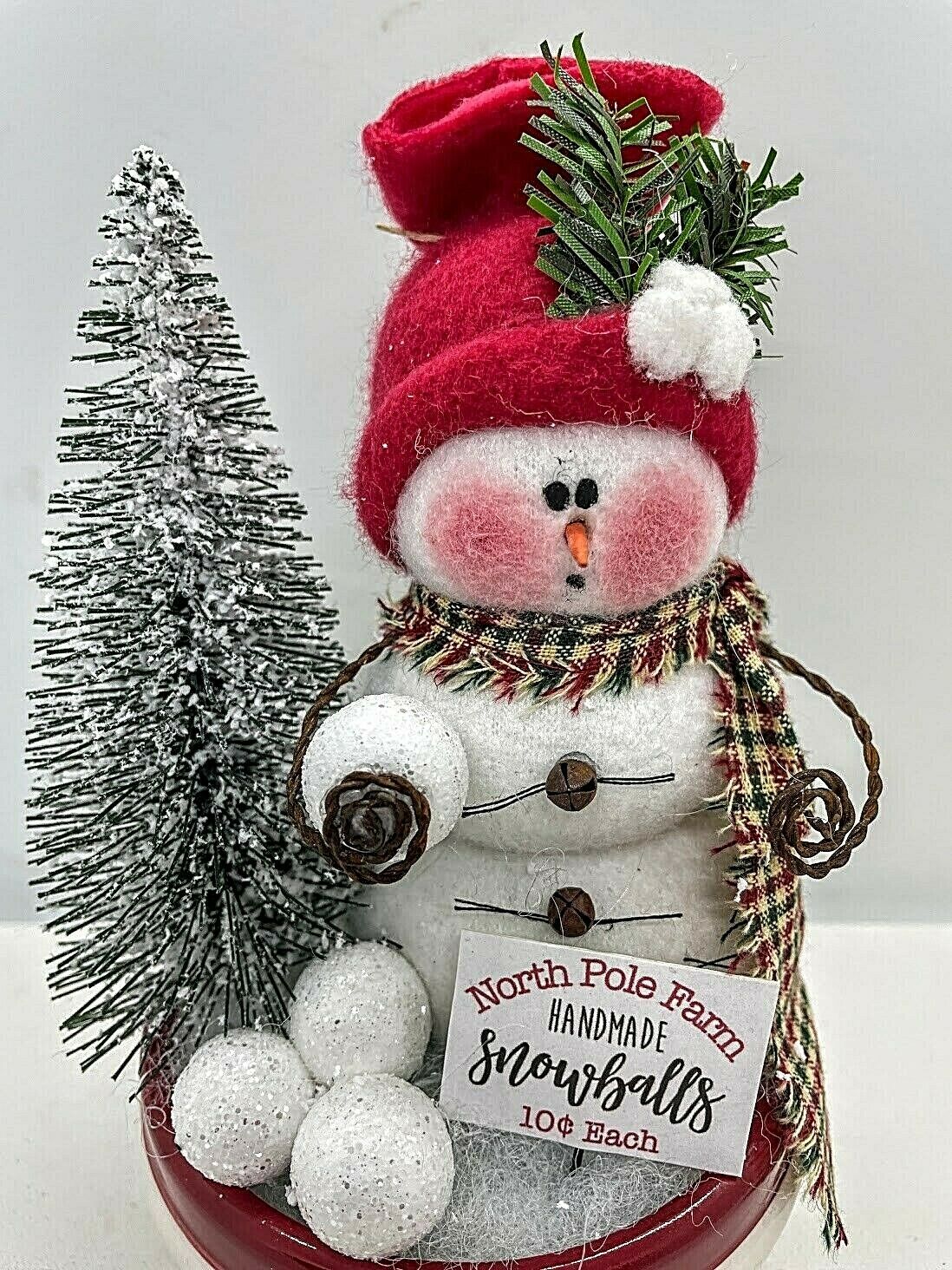 Primitive Handcrafted Snowman w/ Snowballs Bottle Brush tree in Crock - The Primitive Pineapple Collection