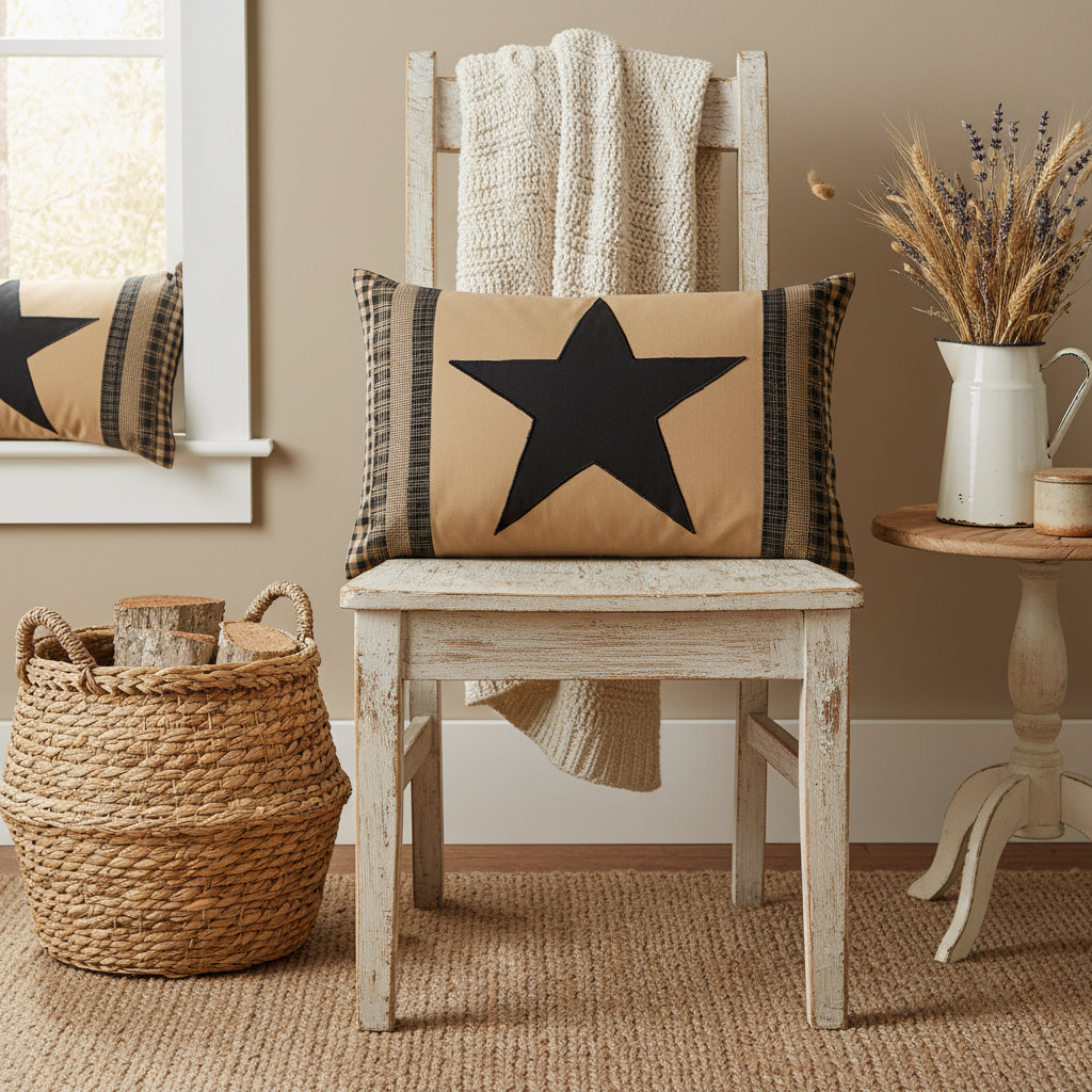 Primitive Farmhouse Black Check Star Patch Pillow 14x22 - The Primitive Pineapple Collection