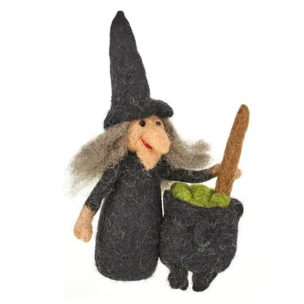 Primitive Folk Art Handmade Felted Wool Witch w/ Cauldron Halloween Ornaments - The Primitive Pineapple Collection