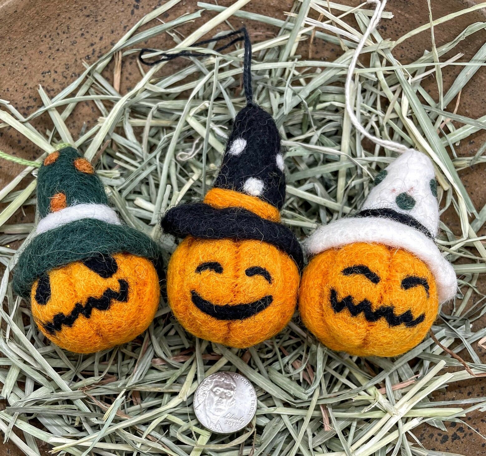 Primitive Folk Art Handmade Felted Wool Halloween 3 Pc Jack O Lantern Ornament - The Primitive Pineapple Collection