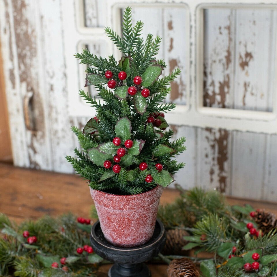 Farmhouse Country Christmas 12" Potted Glittery Holly Pine Tree Ragon House - The Primitive Pineapple Collection