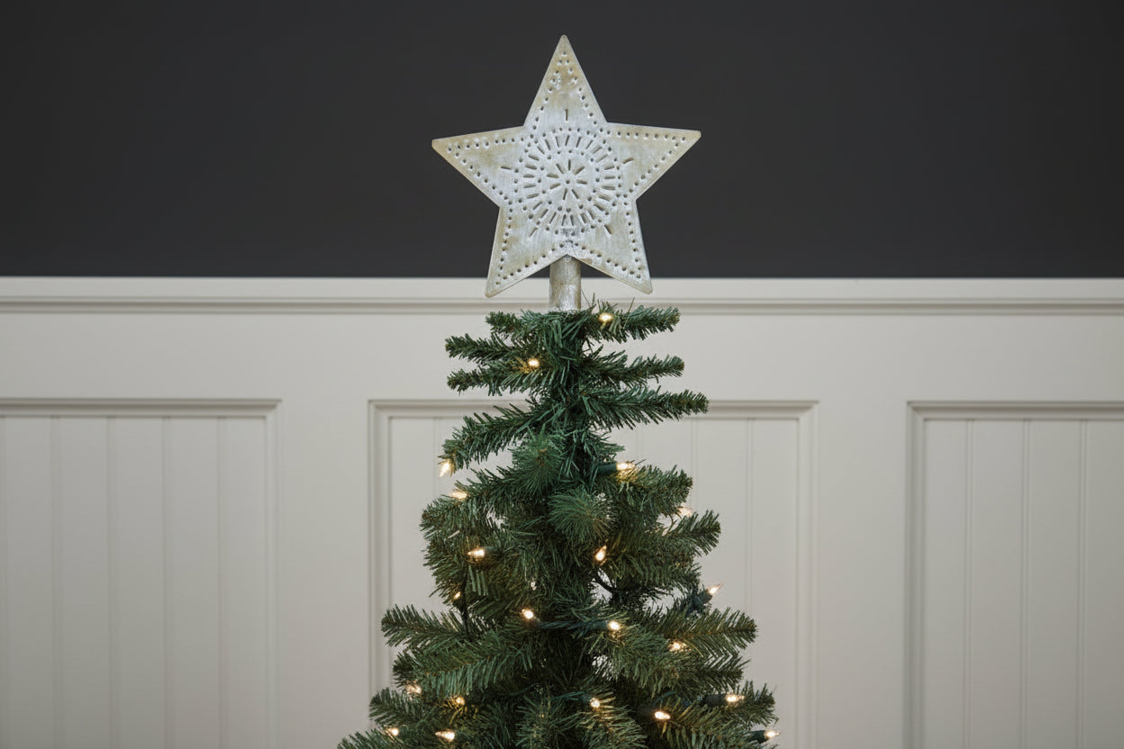 Primitive Christmas Whitewashed Punched Tin 5" Tin Star - The Primitive Pineapple Collection