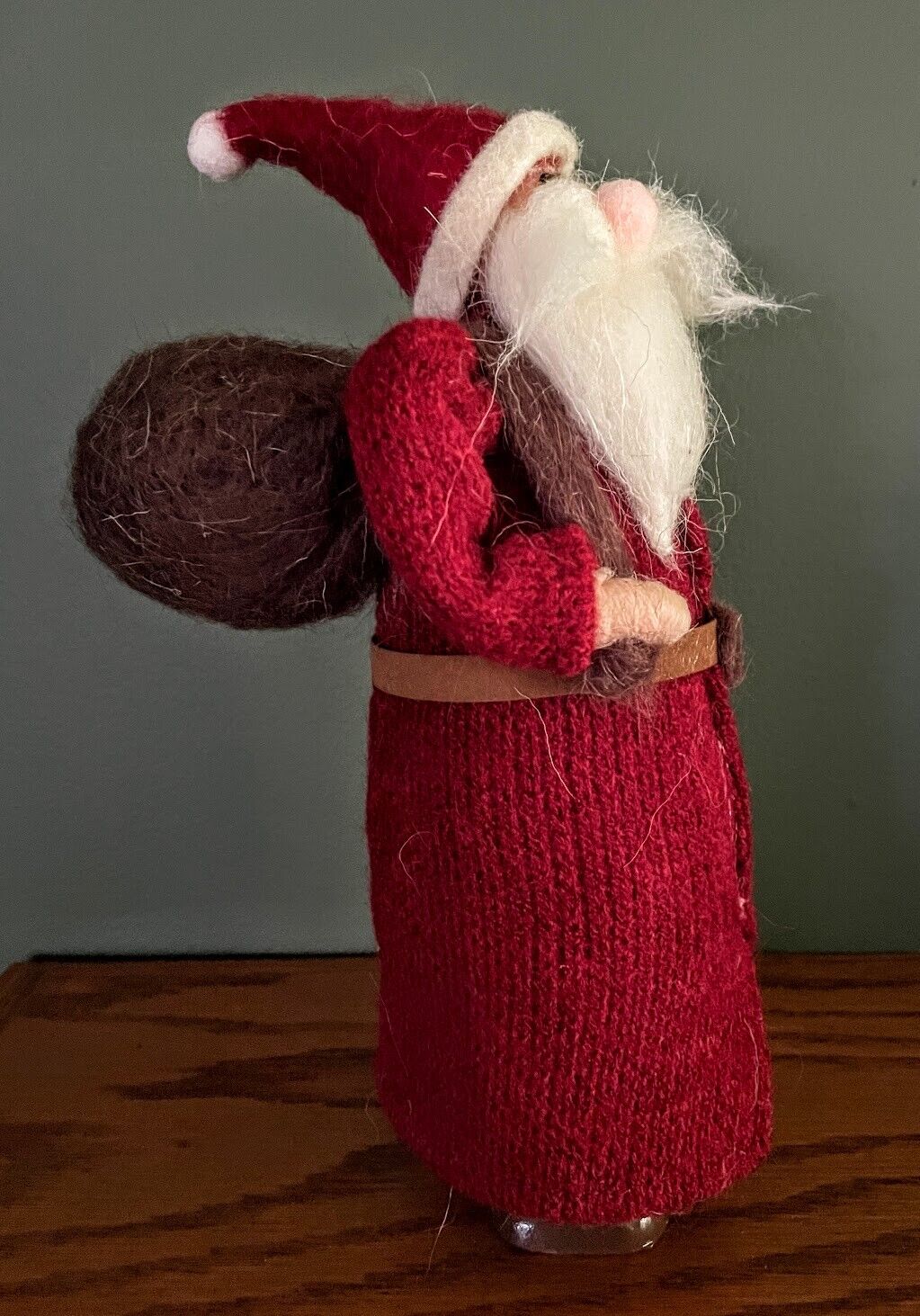 Primitive Christmas Red wool Santa with Knit Coat and Sack 10" - The Primitive Pineapple Collection