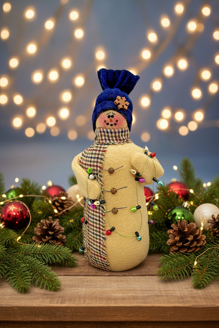 Primitive/Country Handmade Blue Deck the Halls 8.75" Snowman w/ Christmas Lights - The Primitive Pineapple Collection