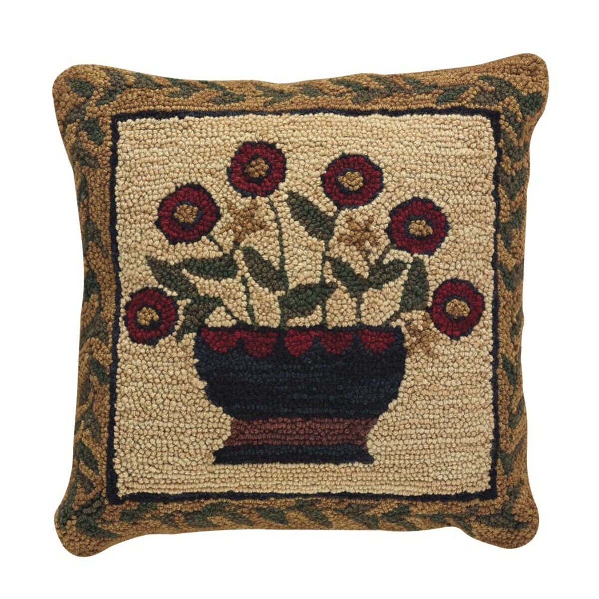 Primitive/Country Folk art Hooked 18" Pillow Flower Basketw/insert - The Primitive Pineapple Collection