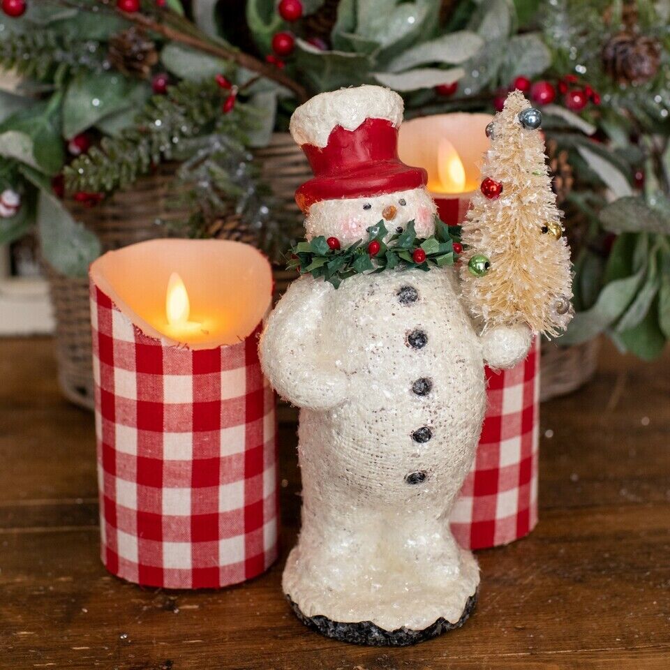 Christmas Ragon House Folk art 8" Holly Collar Snowman Figurine - The Primitive Pineapple Collection