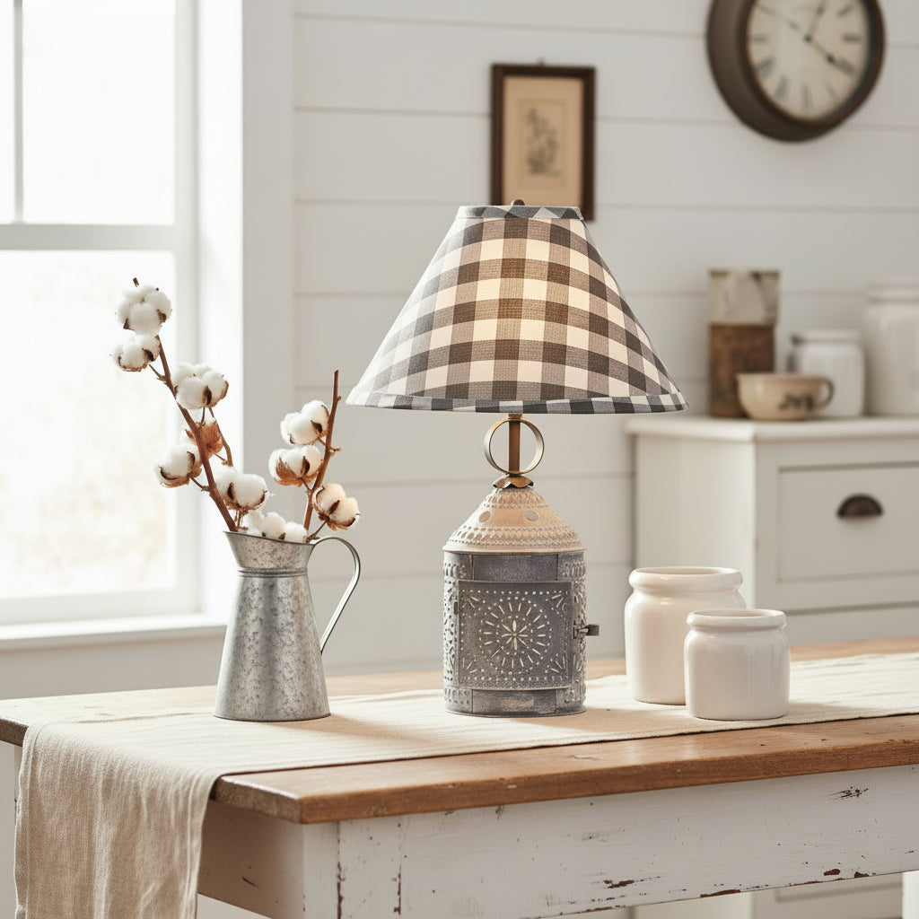 Primitive Country Weathered Punched Tin Paul Revere Lamp w/ Shade - The Primitive Pineapple Collection