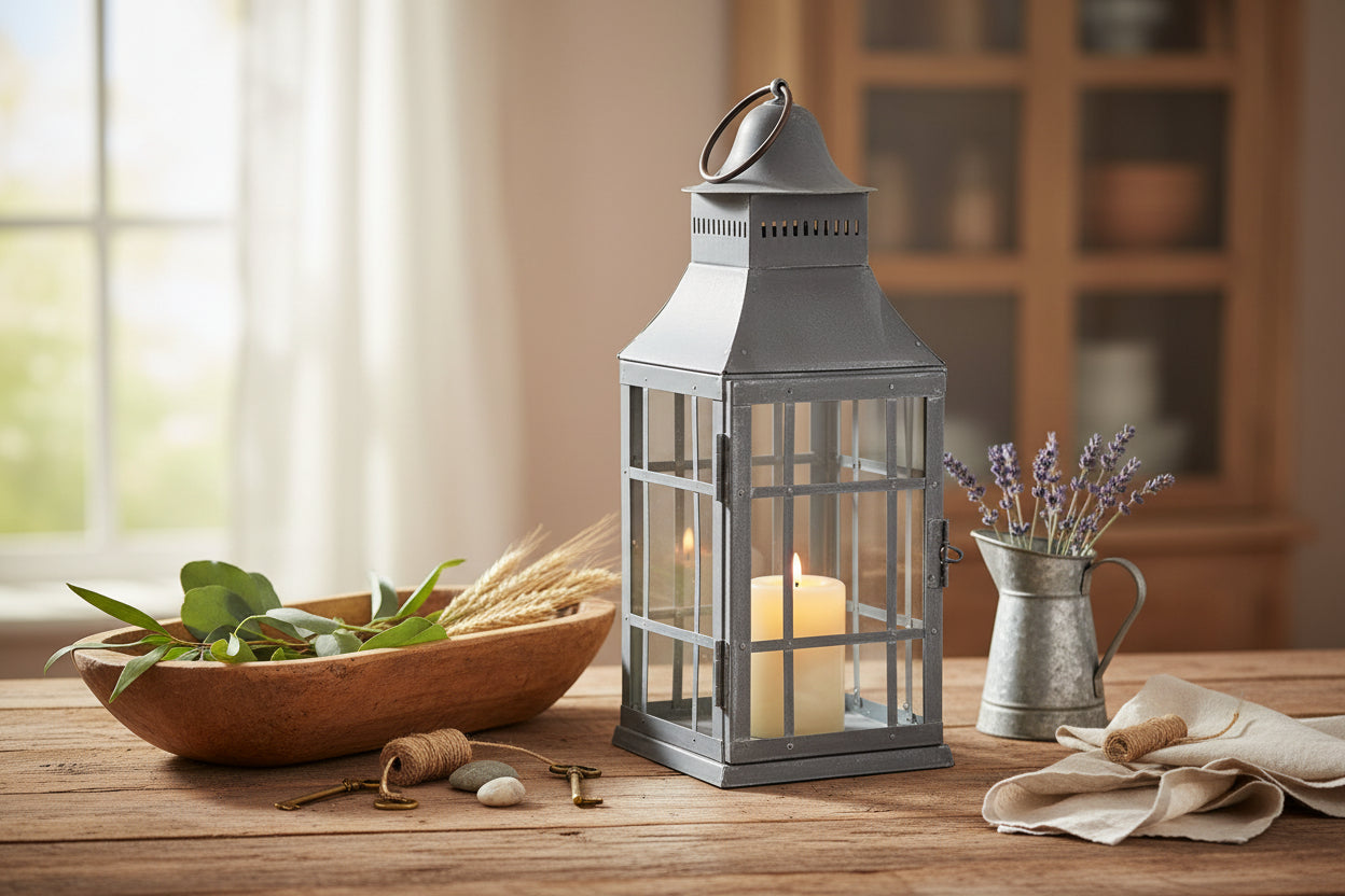 Primitive Country Centerpiece Candle Lantern in Weathered Zinc - The Primitive Pineapple Collection