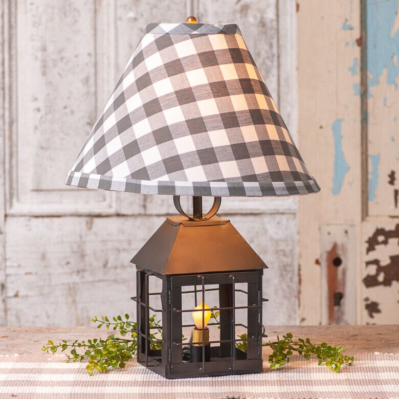 Primitive Country Tin Colonial Lantern Lamp w/ Gray Check Shade - The Primitive Pineapple Collection
