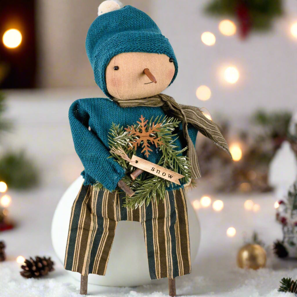 Primitive Country Christma Seth Snowman Doll Rusty Tin Snowflake Greens - The Primitive Pineapple Collection