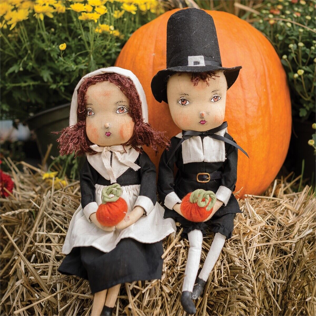 Primitive Folk art Thanksgiving Fall Eve Pilgrim Doll Joe Spencer 13.5" Pumpkin - The Primitive Pineapple Collection