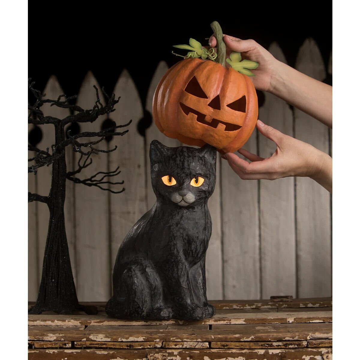 Bethany Lowe Halloween Black Cat Jack O Lantern Luminary TJ1327 - The Primitive Pineapple Collection