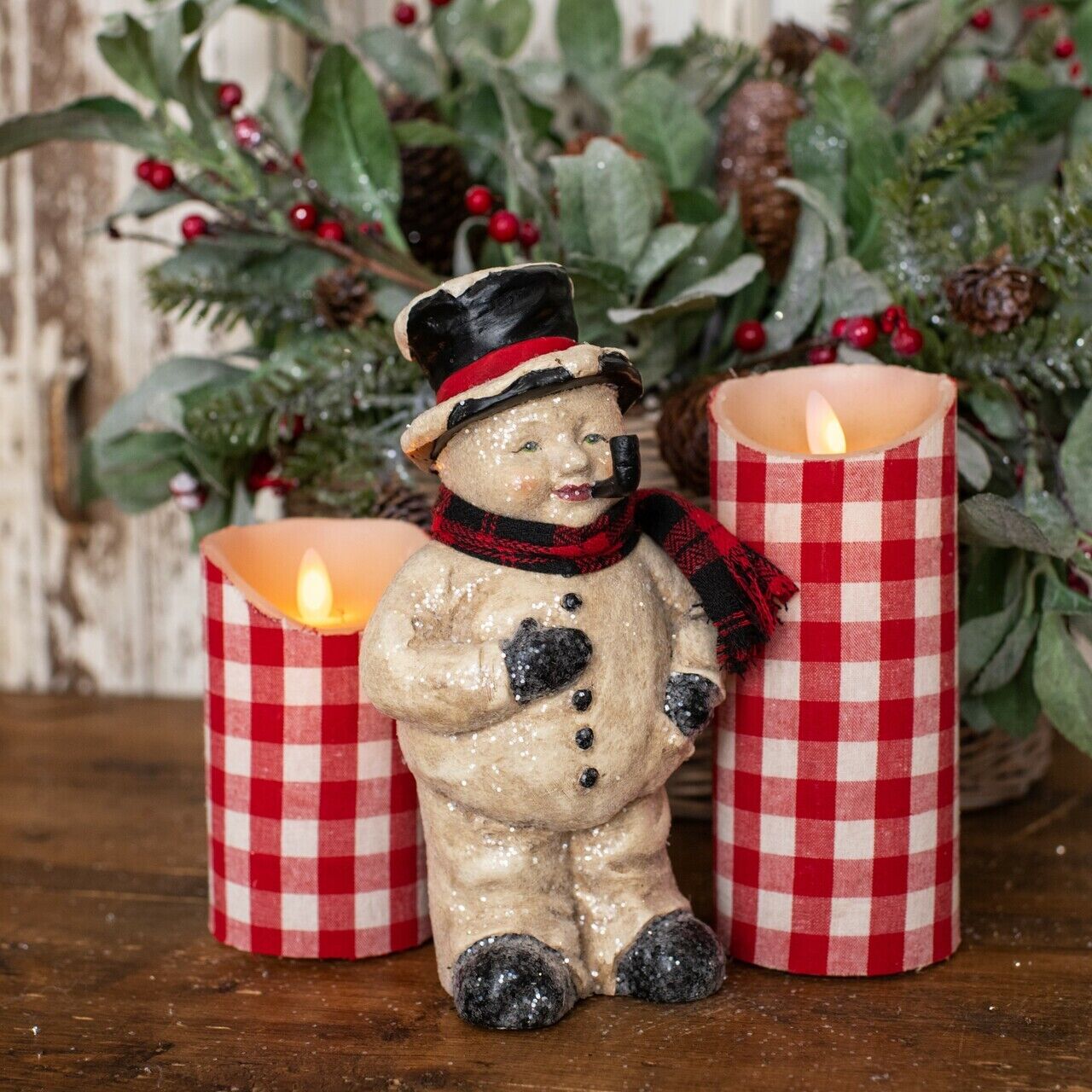 Primitive Ragon House Christmas Folk art 8.5" Face Snowman Pipe Scarf Top Hat - The Primitive Pineapple Collection