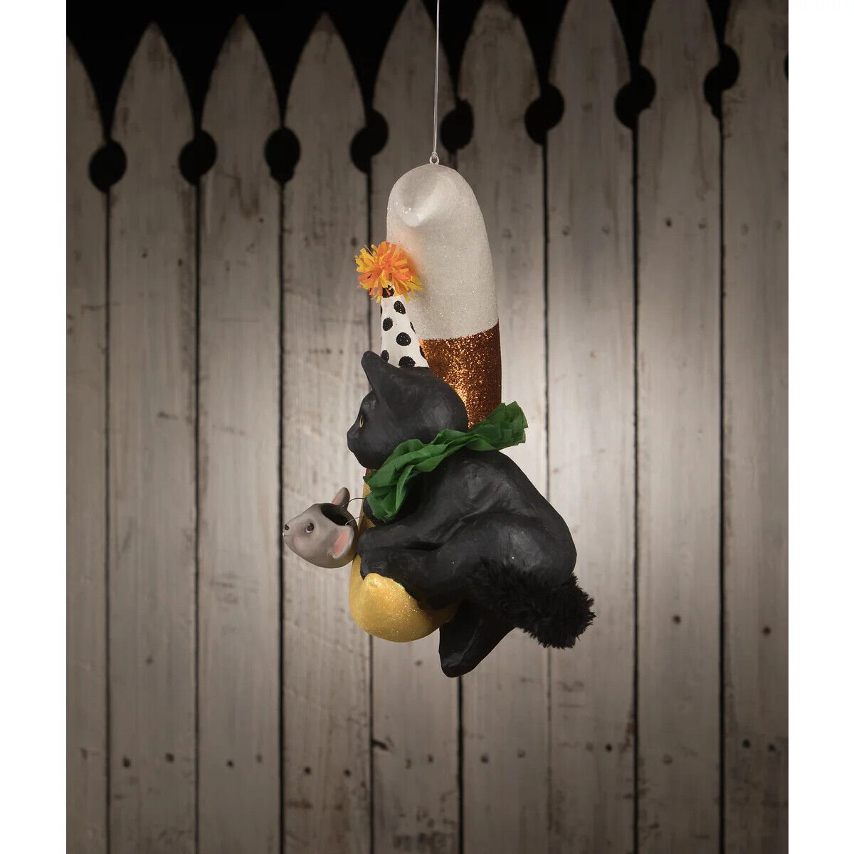 Bethany Lowe Halloween Party Kitty on Candy Corn Moon TD1193 15.75" - The Primitive Pineapple Collection