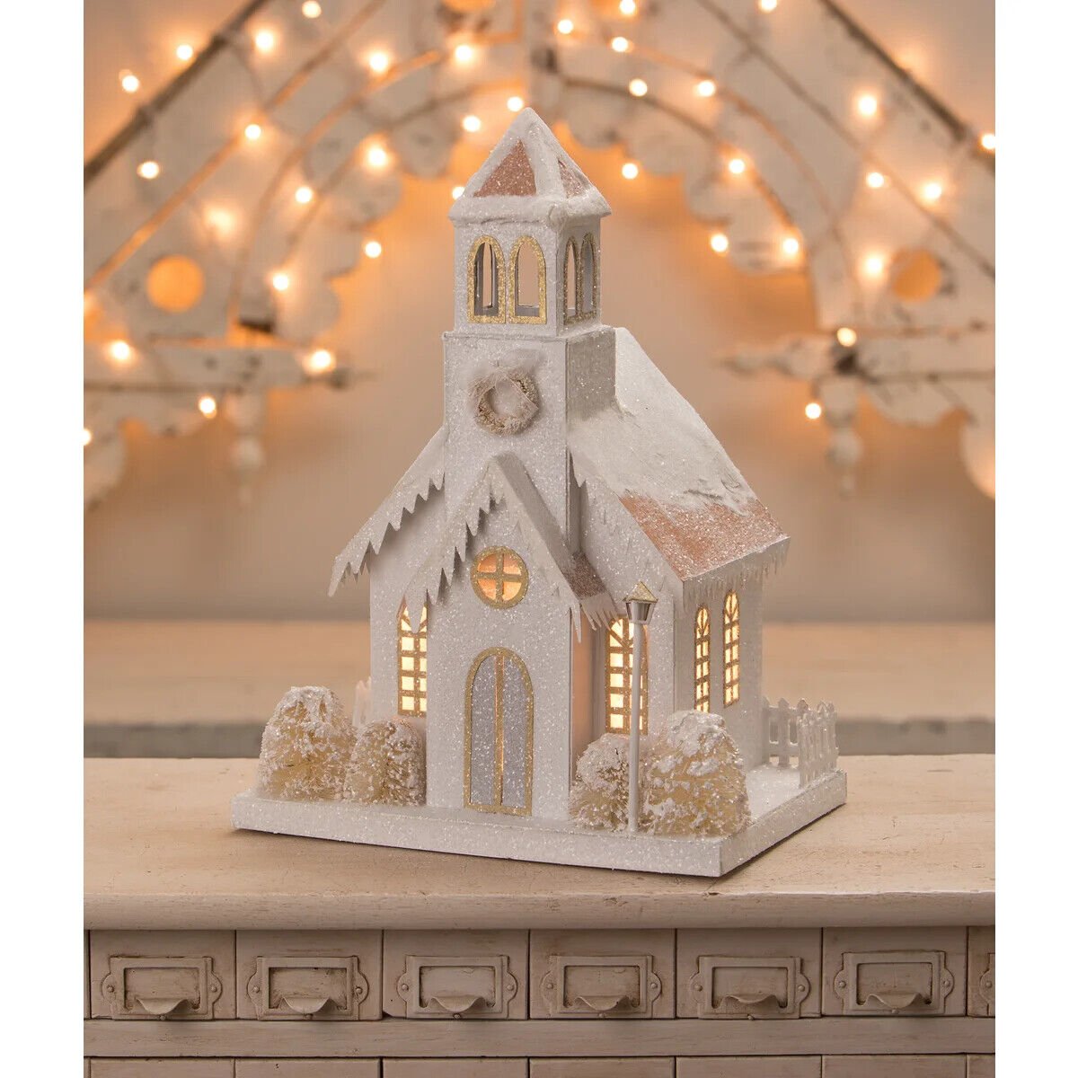 Bethany Lowe Christmas Metallic Light Up Putz Style Church LC1564 - The Primitive Pineapple Collection