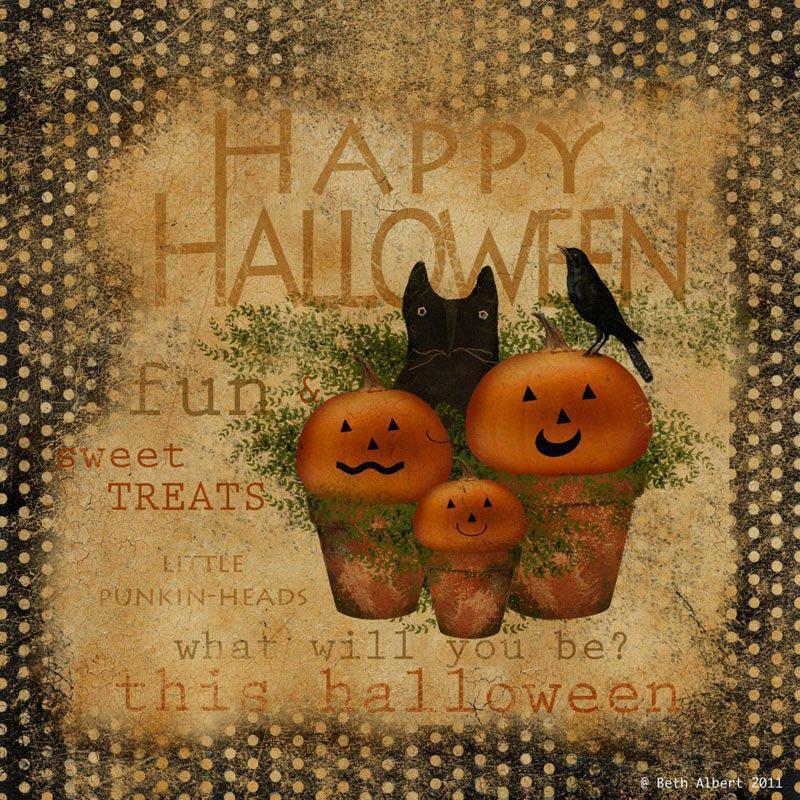 Handmade Primitive Halloween Folk art Framed Prints Wood 10&quot; x 10&quot; Cat Pumpkin - The Primitive Pineapple Collection