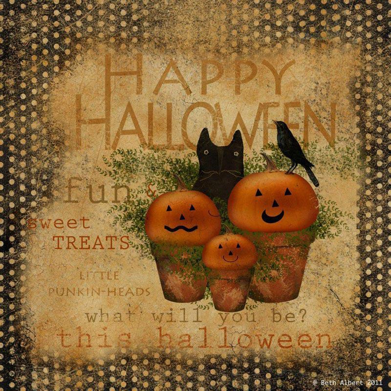 Handmade Primitive Halloween Folk art Framed Prints Wood 10" x 10" Cat Pumpkin - The Primitive Pineapple Collection