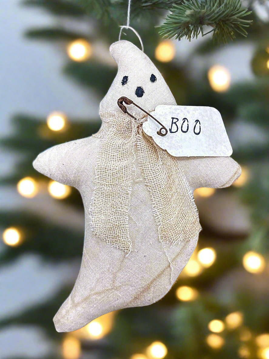 Primitive Country Handcrafted Hanging Fabric Ghost Ornie 5" x 3" - The Primitive Pineapple Collection