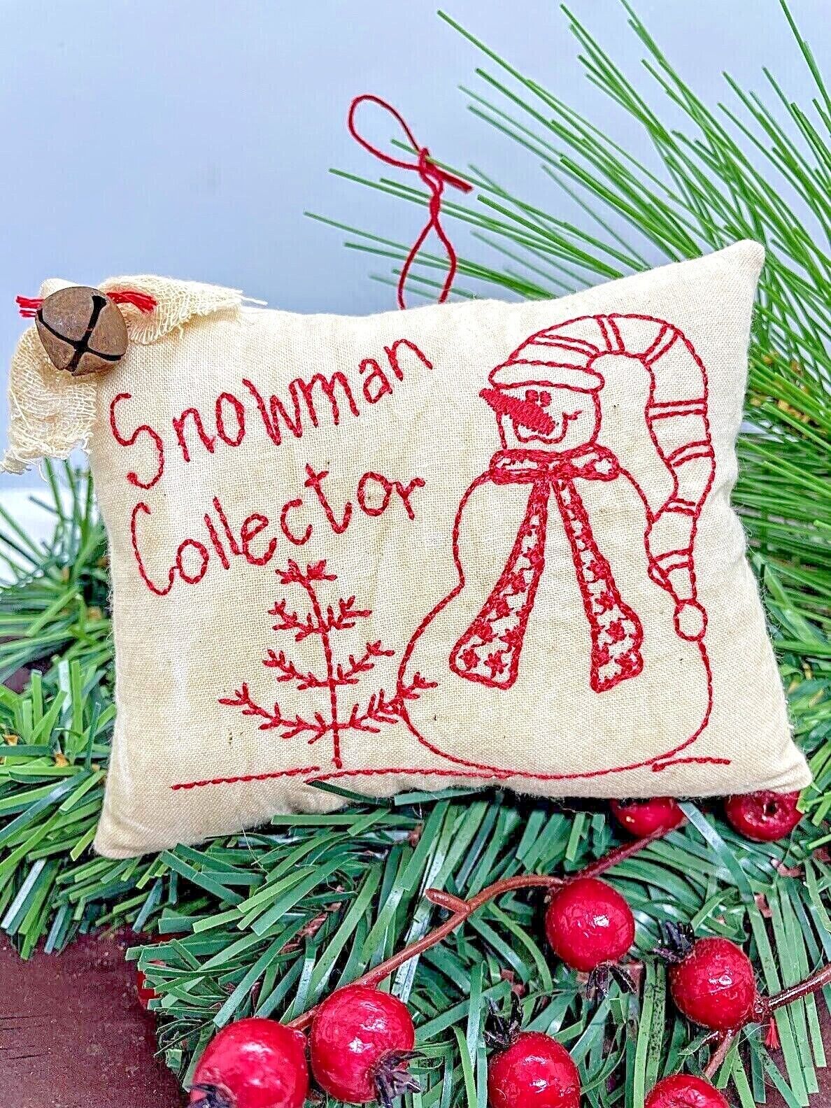 Primitive Handcrafted Christmas Red Work Embroidered Snowman Pillow Ornie 5" - The Primitive Pineapple Collection