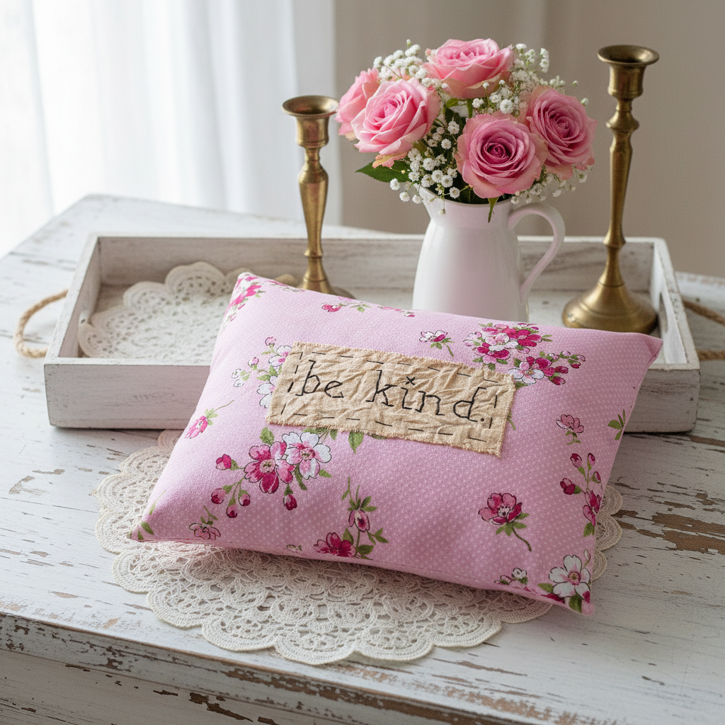 Handmade Be Kind Pink Floral Hand stitched Accent Pillow Floral Fabric 9" X 8" - The Primitive Pineapple Collection