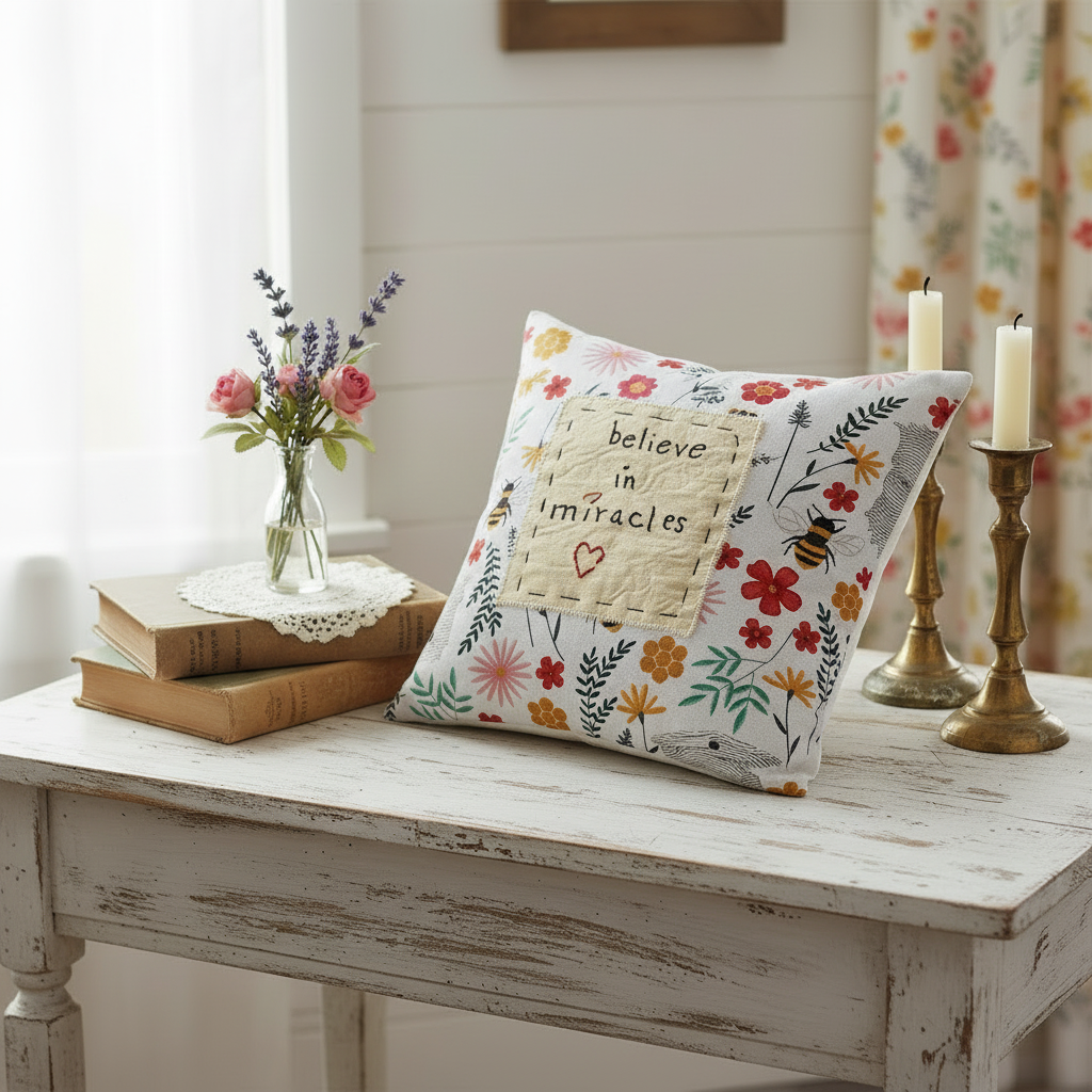 Primitive Handmade Believe in Miracles Accent Pillow Floral Fabric 7" X 7" - The Primitive Pineapple Collection