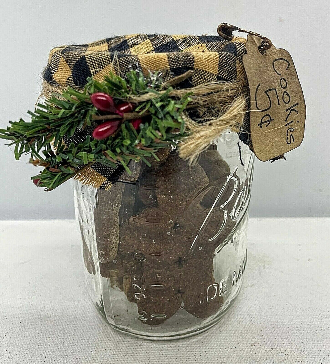 Primitive Christmas Gingerbread Cookie Mason Jar w/ Greens Berries Tag - The Primitive Pineapple Collection