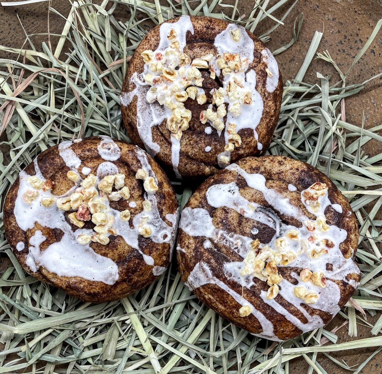 Primitive Farmhouse 3 pc Set 3” Handmade Mini Iced Cinnamon Rolls w/ Nuts - The Primitive Pineapple Collection