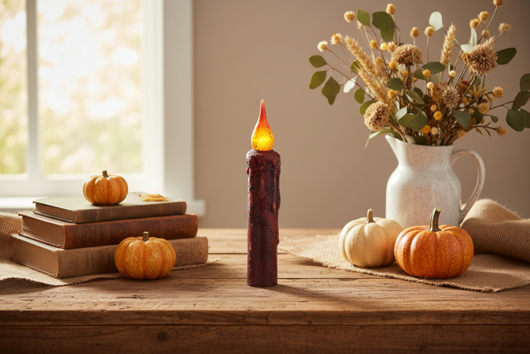 Primitive/Country GrubbyTwisted Flame Timer Taper Burgundy 6" - The Primitive Pineapple Collection