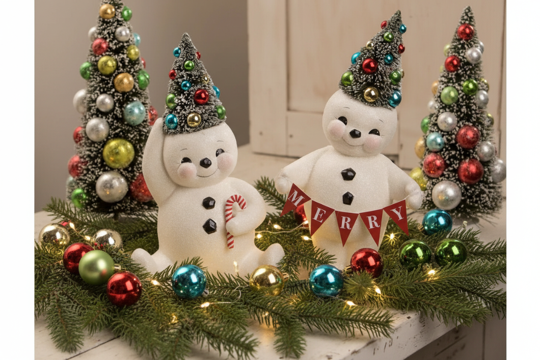 Bethany Lowe Christmas Retro Candy Cane Snowman w/Tree TL1358 - The Primitive Pineapple Collection
