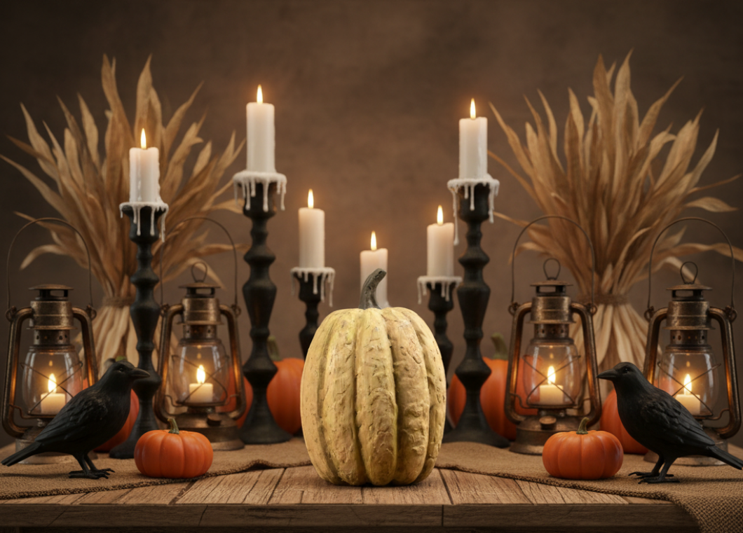 Primitive/Country Halloween Fall 7.5” Tall White Pumpkin Ragon House - The Primitive Pineapple Collection
