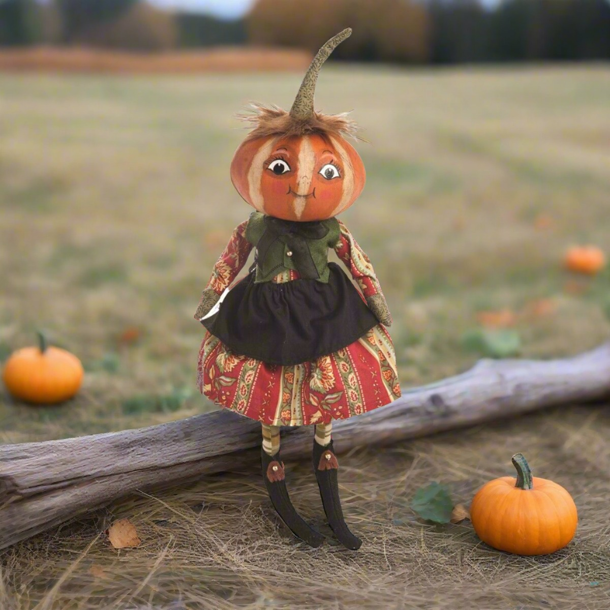 Halloween Fall Folk Art Joe Spencer Kimberly Pumpkin Head Doll - The Primitive Pineapple Collection
