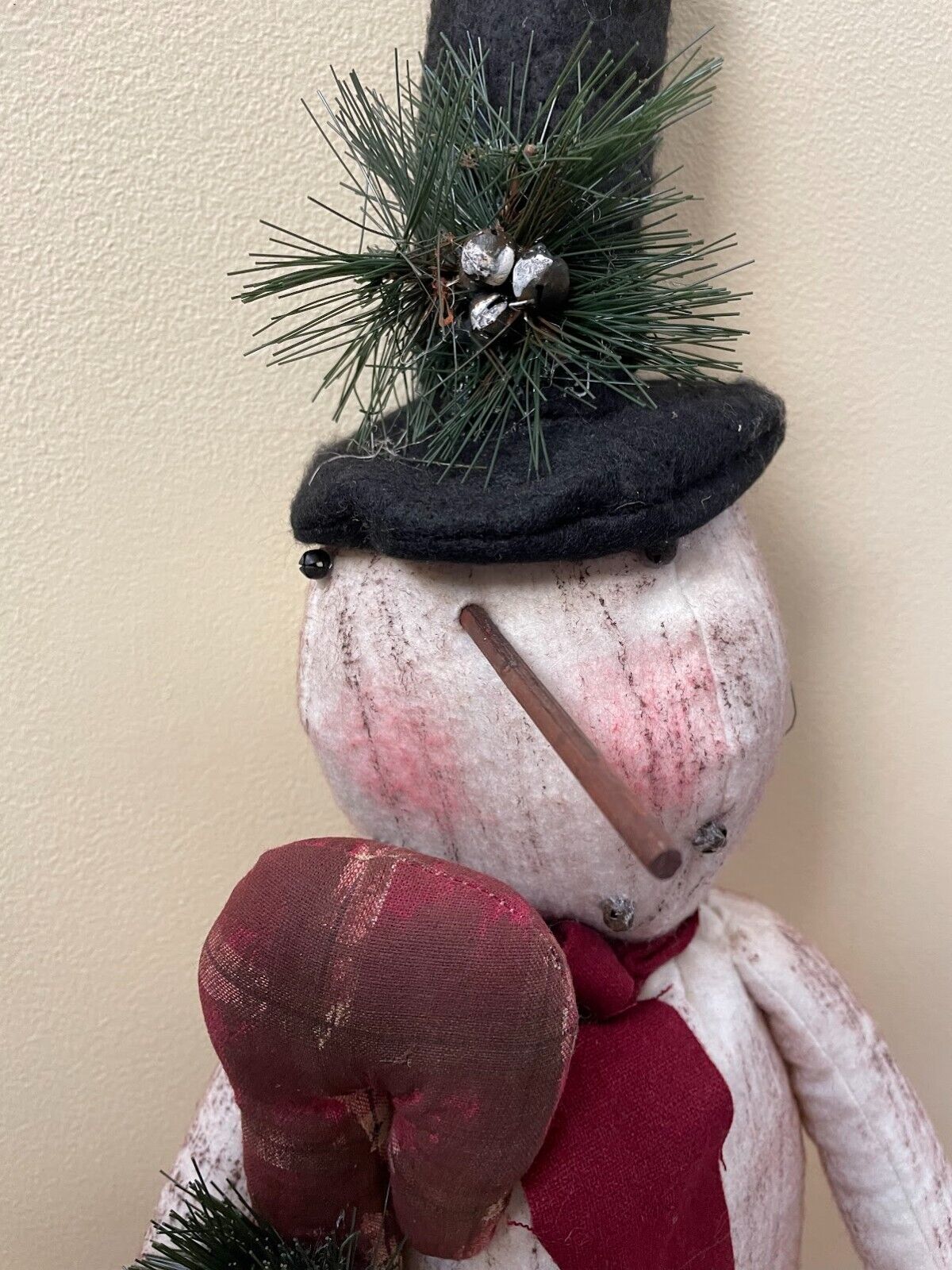 Primitive Christmas 23" Stump Snowman Doll w/ Candy Cane and Greens - The Primitive Pineapple Collection