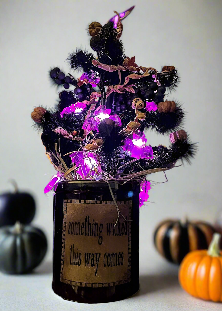 Primitive Handcrafted Black Halloween 13" Tree in Crock w/ Lights - The Primitive Pineapple Collection