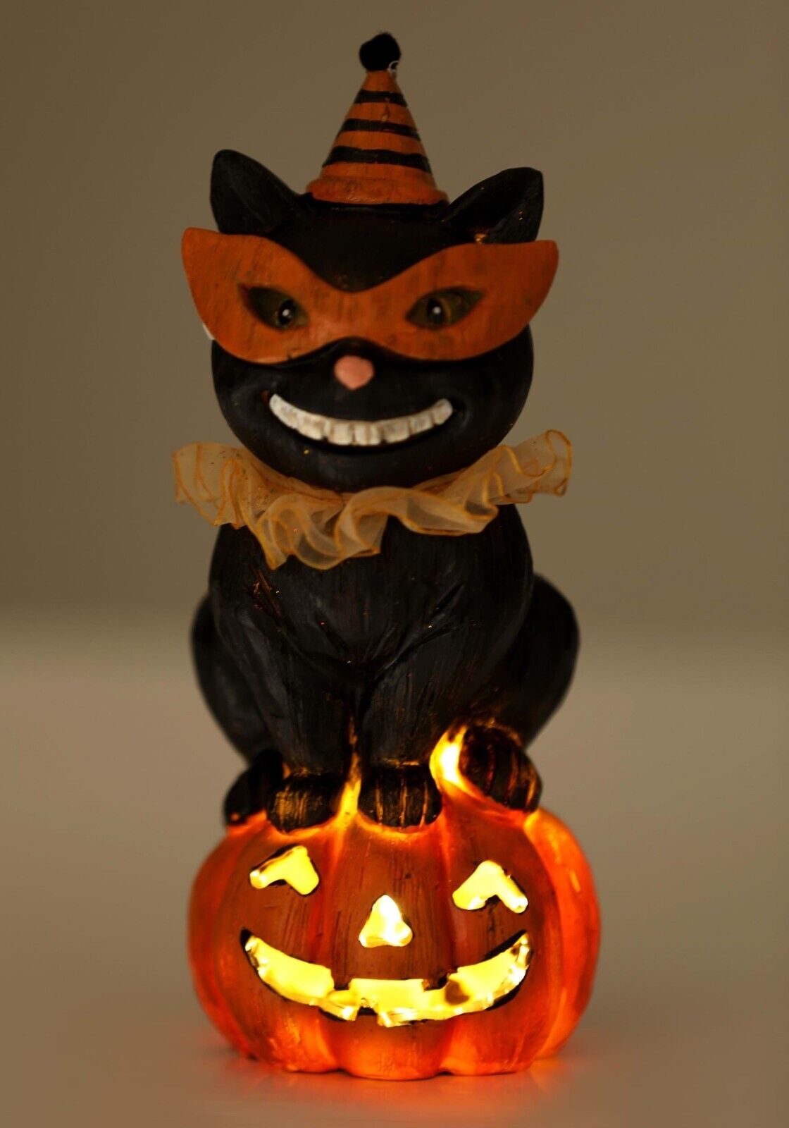 Halloween Folk Art Retro look 8" Party Hat Black Cat On LED Pumpkin - The Primitive Pineapple Collection
