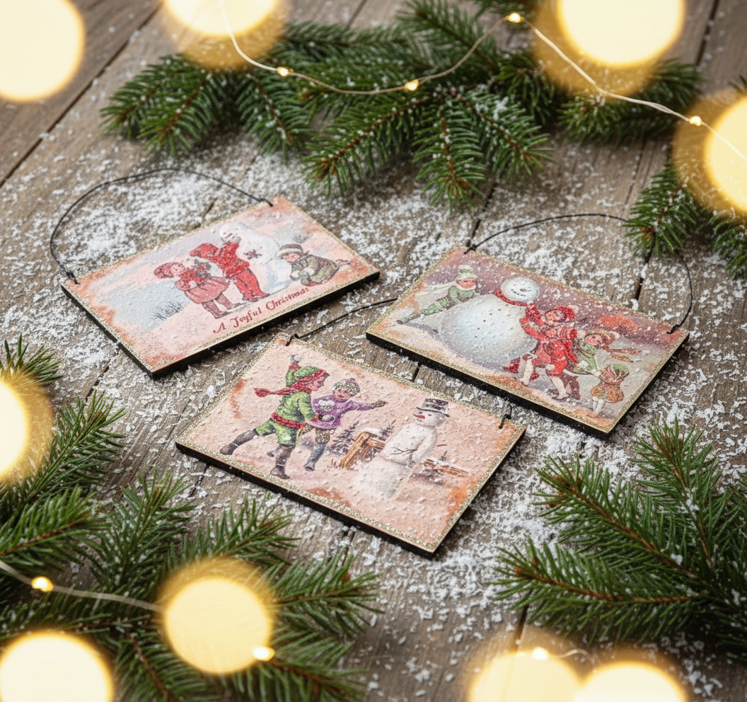 Primitive Christmas Snowman Postcard Ornaments 3 pc Wood - The Primitive Pineapple Collection