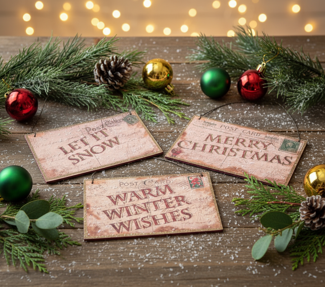 Primitive Christmas Snowman Postcard Ornaments 3 pc Wood - The Primitive Pineapple Collection