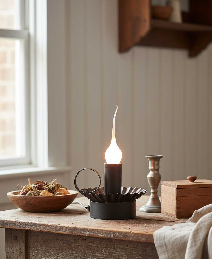 Primitive Colonial Tin Cottage Chamberstick Kettle Black w/ Silicone Light Bulb - The Primitive Pineapple Collection