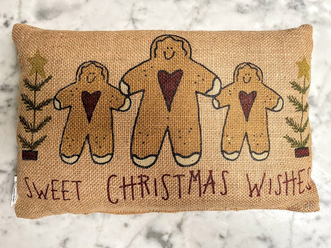 Primitive Christmas Sweet Gingerbread Man Wishes Small Burlap Pillow, 8&quot; x 12&quot; - The Primitive Pineapple Collection