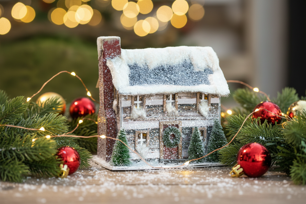 Primitive Farm Christmas Light Up Snowy Log Cabin Salt Box House Putz 6" Ragon House - The Primitive Pineapple Collection