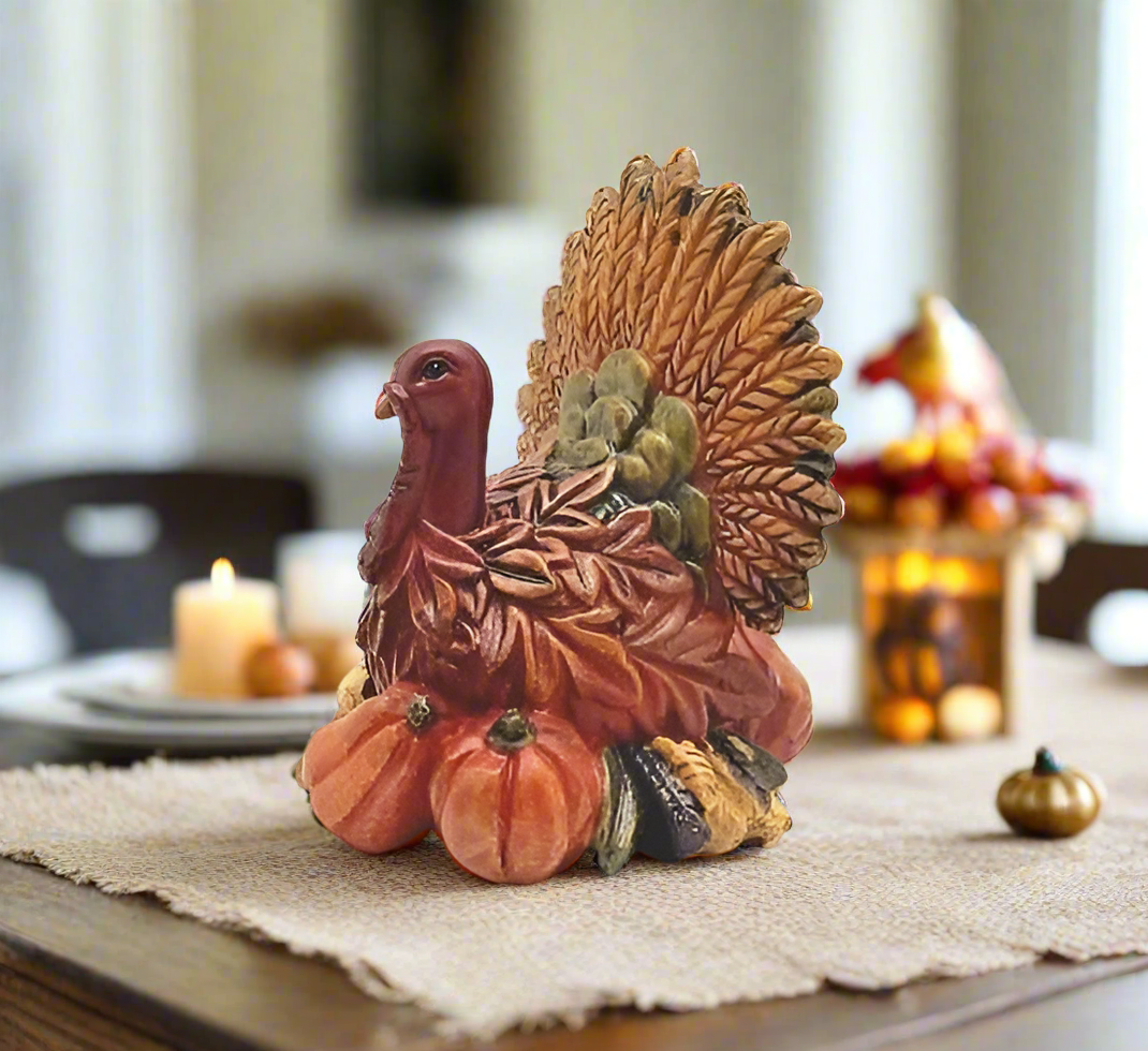 Primitive Fall 6" Resin Turkey w/ Pumpkins Figurine Thanksgiving - The Primitive Pineapple Collection