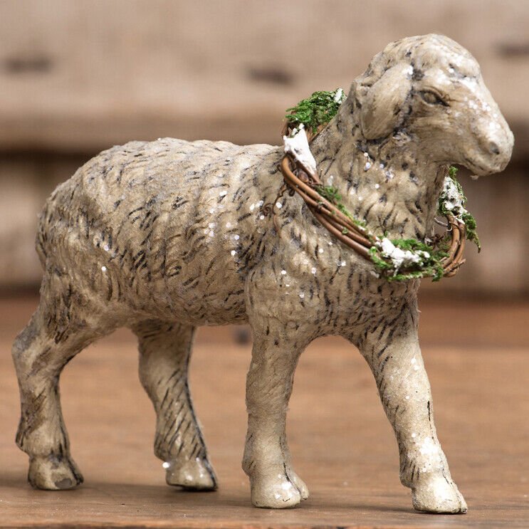 Christmas 5.25&quot; STANDING SHEEP W/ WREATH 5.25&quot; Vintage/Retro Look Ragon House - The Primitive Pineapple Collection